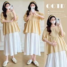 批发实拍新款孕妇装夏装宽松波点上衣设计感衬衫<b class='q'>娃娃衫</b>+半身裙套装