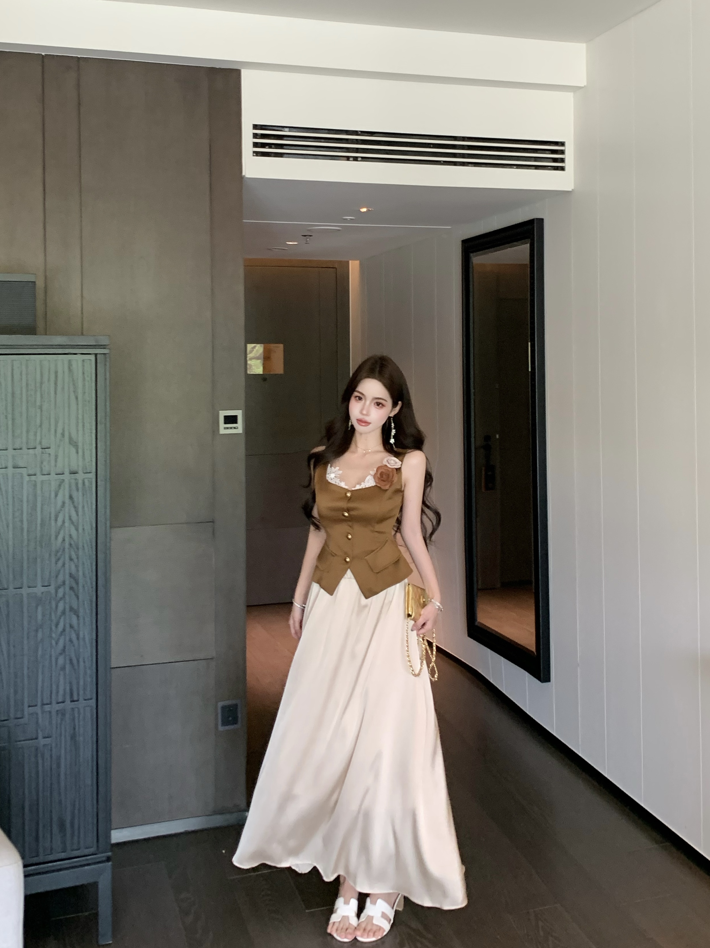 실사 정가 프랑스식 작은 샤넬 스타일 세트 여성 품격 광장 칼라 맨위 롱 스커트 반신 스커트 여름 투피스 세트