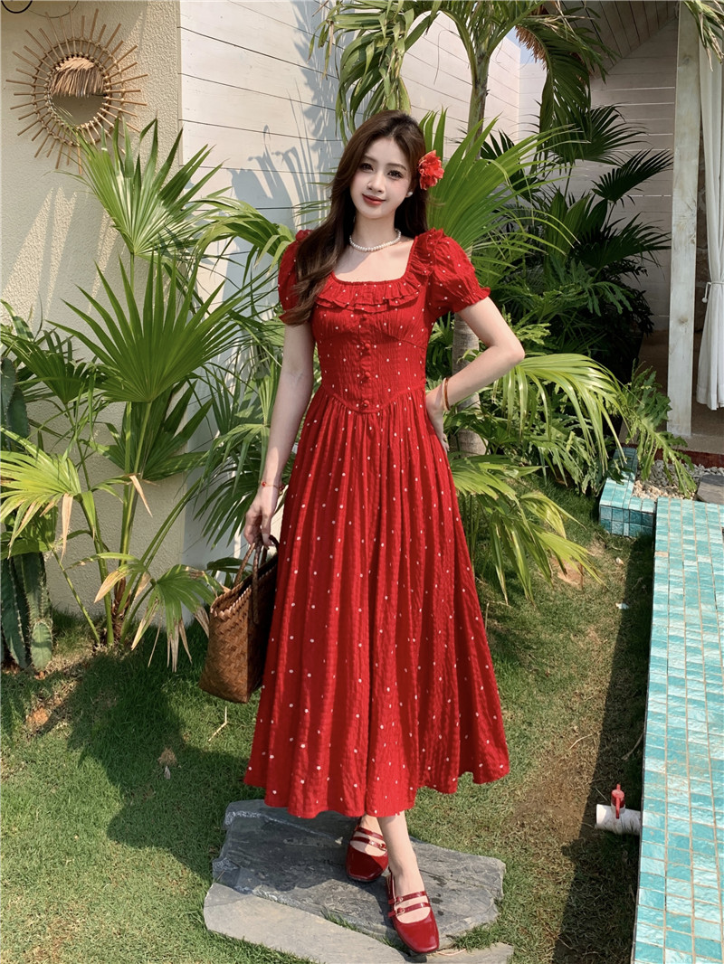 MY8401# 大码法式短袖连衣裙女夏季小个子别致波点裙子胖MM显瘦红色A字裙女裝貨源服裝批發