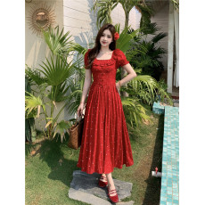 批发大码法式短袖<b class='q'>连衣裙</b>女夏季小个子别致<b class='q'>波点</b>裙子胖MM显瘦红色A字裙