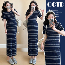 批发实拍孕妇装2026<b class='q'>夏</b>新款法式修身条纹薄款冰丝高弹针织孕妇连衣裙
