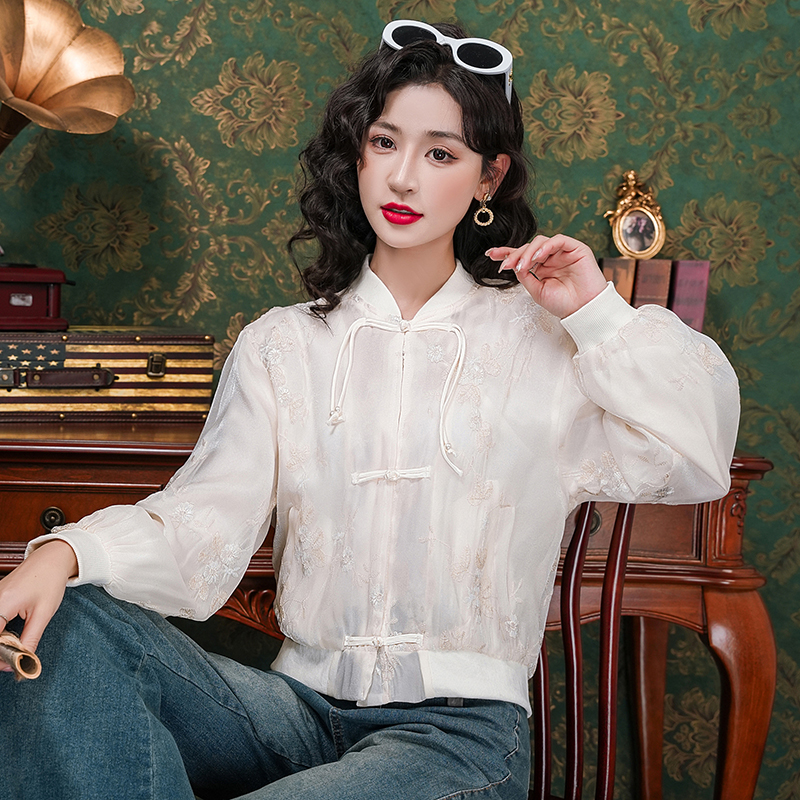 실사 가을 새로운 중식 화이트 레이스 자수 셔츠 개선 당나라 맨위 캐주얼 재킷 짧은 외투