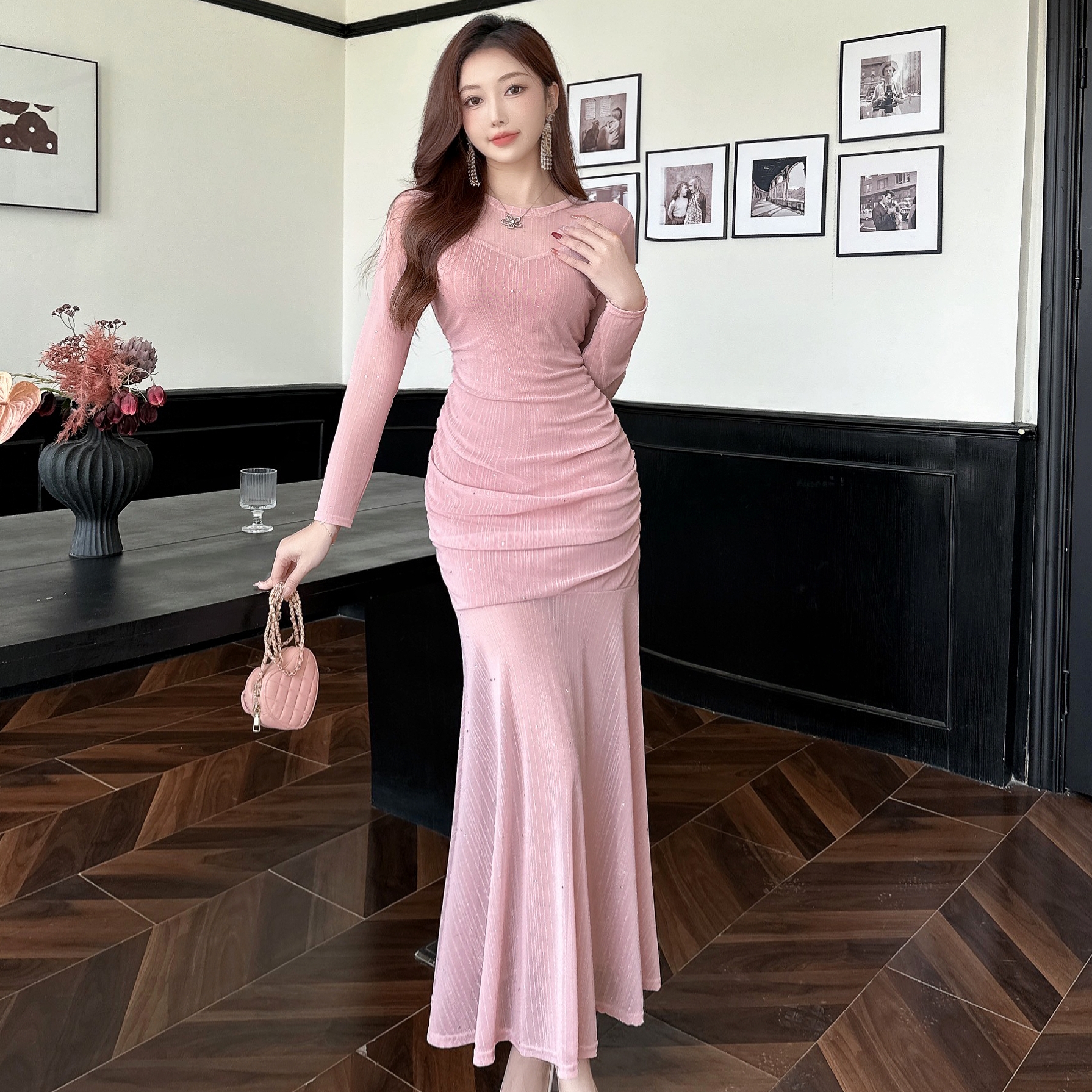 MY4644# 法式气质茶歇裙修身长袖高腰包臀鱼尾裙晚宴长裙礼服女裝貨源服裝批發