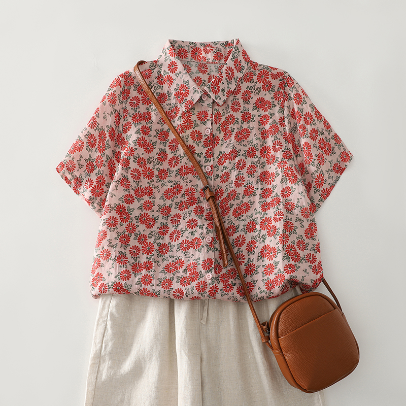 초여름 켜기 새로운 예술 면 린넨 셔츠 새로운 캐주얼 셔츠 루즈핏 다용도 프린트 반팔 맨위 여성 여름