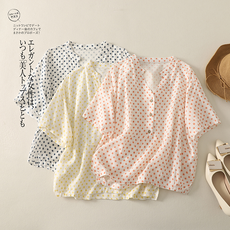 새로운 면 린넨 도트 무늬 맨위 여성 여름 드레스 슬림해 보이는 풀오버 셔츠 루즈핏 얇은 스타일 반팔 티셔츠