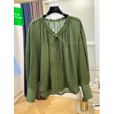 批发2026新款春季v领防晒衬衫女 文艺简约舒适夏季纯色轻薄长袖衬衣女