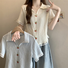 批发实拍*大码女夏季新款拼接蕾丝<b class='q'>衬衫</b>女大码宽松百搭开衫短袖上衣<b class='q'>T</b><b class='q'>恤</b>