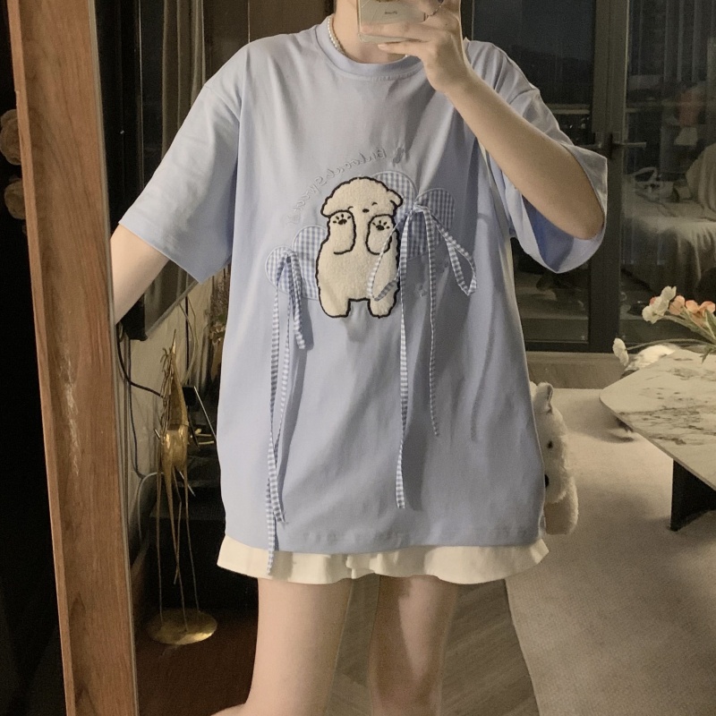 FA23883# 甜美可爱毛绒小狗刺绣绑带短袖T恤女夏季新款宽松小众ins上衣