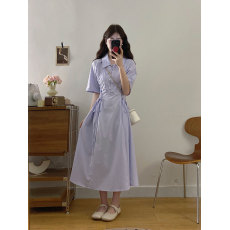 批发实拍大码女装法式温柔紫色短袖衬衫连衣裙胖妹妹夏季藏肉显瘦裙