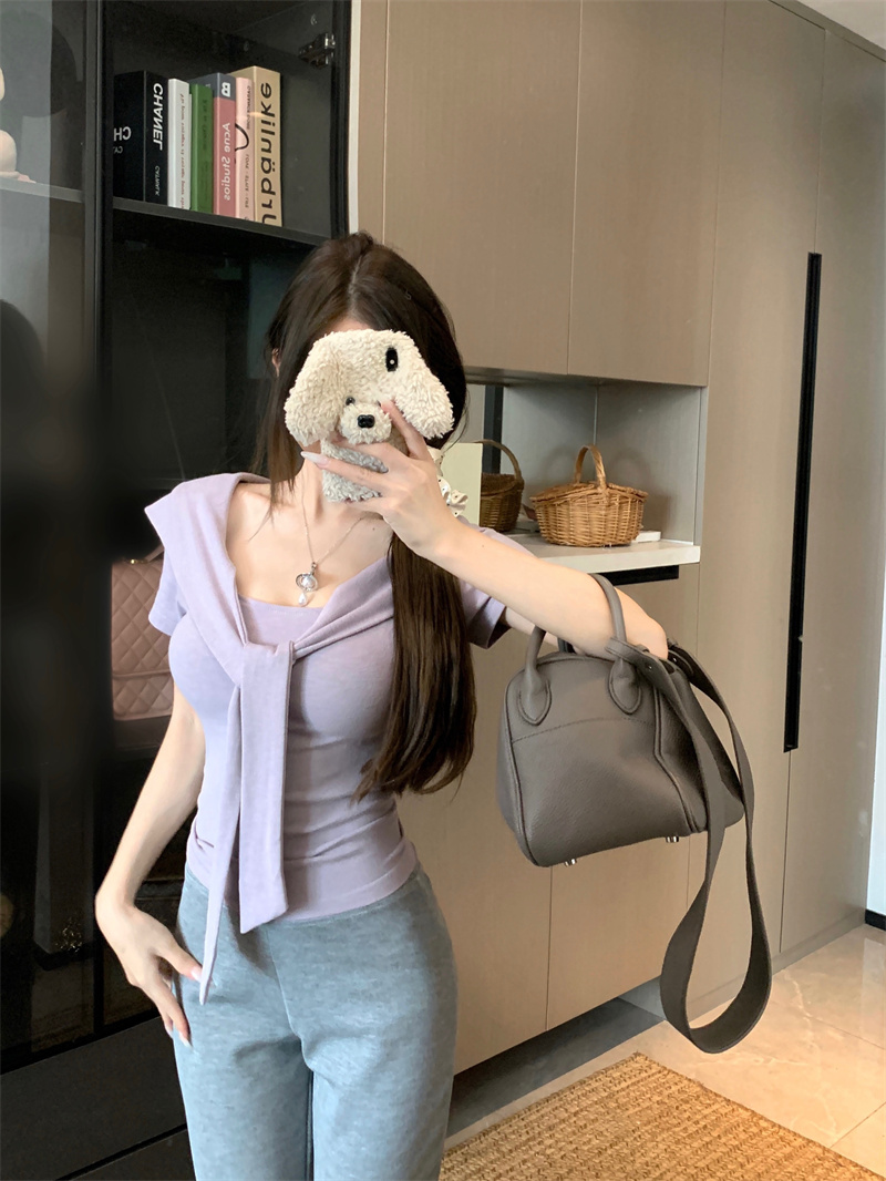 실사 정가 여름 동점 벨트 측면 칼라 반팔 티셔츠 순수한 욕망 출퇴근 작은 대중 디자인 센스 다용도 캐주얼 바지 세트