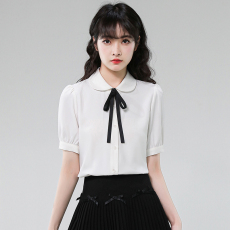 批发气质高级感白色雪纺蝴蝶结衬衫短袖夏季上衣小个子穿搭职业装衬衣