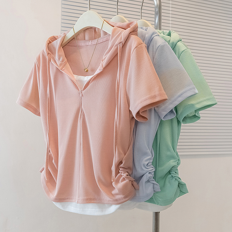 RY4145# 实拍大码女装韩版流行连帽假两件短袖上衣胖妹妹遮肉显瘦百搭t恤