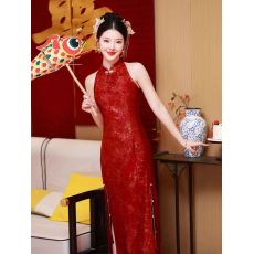 批发新中式婚礼晨袍女<b class='q'>新娘</b>红色挂脖旗袍敬酒服订婚结婚便装无袖高级感