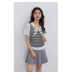 批发夏季新款时尚海军领雪纺拼接条纹冰丝衫女百搭短袖上衣