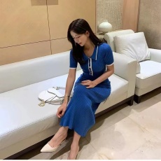 批发韩版 INS 时尚 简约 POLO领 短袖撞色修身 针织裙