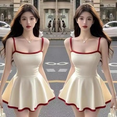 批发已出货纯欲风米杏色撞色吊带连衣裙女夏季<b class='q'>新款</b>法式复古收腰<b class='q'>短裙</b>