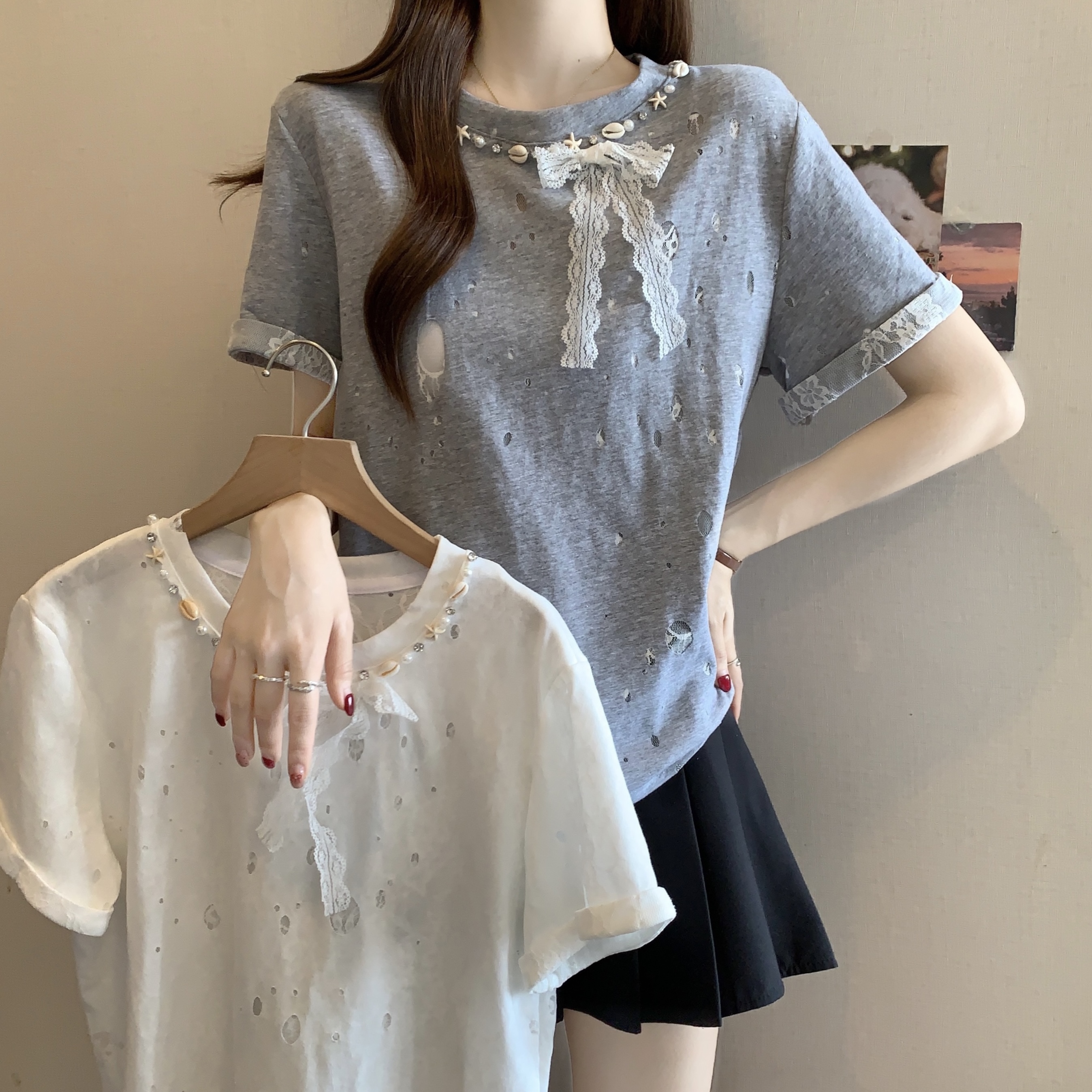 FA34404# 时尚圆领重工钉珠短袖破洞T恤女夏季新款百搭显瘦蕾丝上衣 服裝批發女裝批發服飾貨源