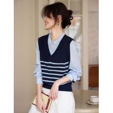 批发学院风条纹针织马甲拼接长袖<b class='q'>衬衫</b>假两件上衣女2026春季新款