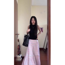 批发实价粉色格子拼接百褶半身裙女夏季小个子洋气减龄大摆长裙子