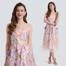 批发实拍 重工刺绣立体贴花夏季性感抹胸连衣裙礼服裙可加<b class='q'>透明</b><b class='q'>肩带</b>