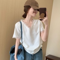 批发夏装大码法式气质蕾丝花边v领正肩短袖t恤宽松上衣M 4XL200斤