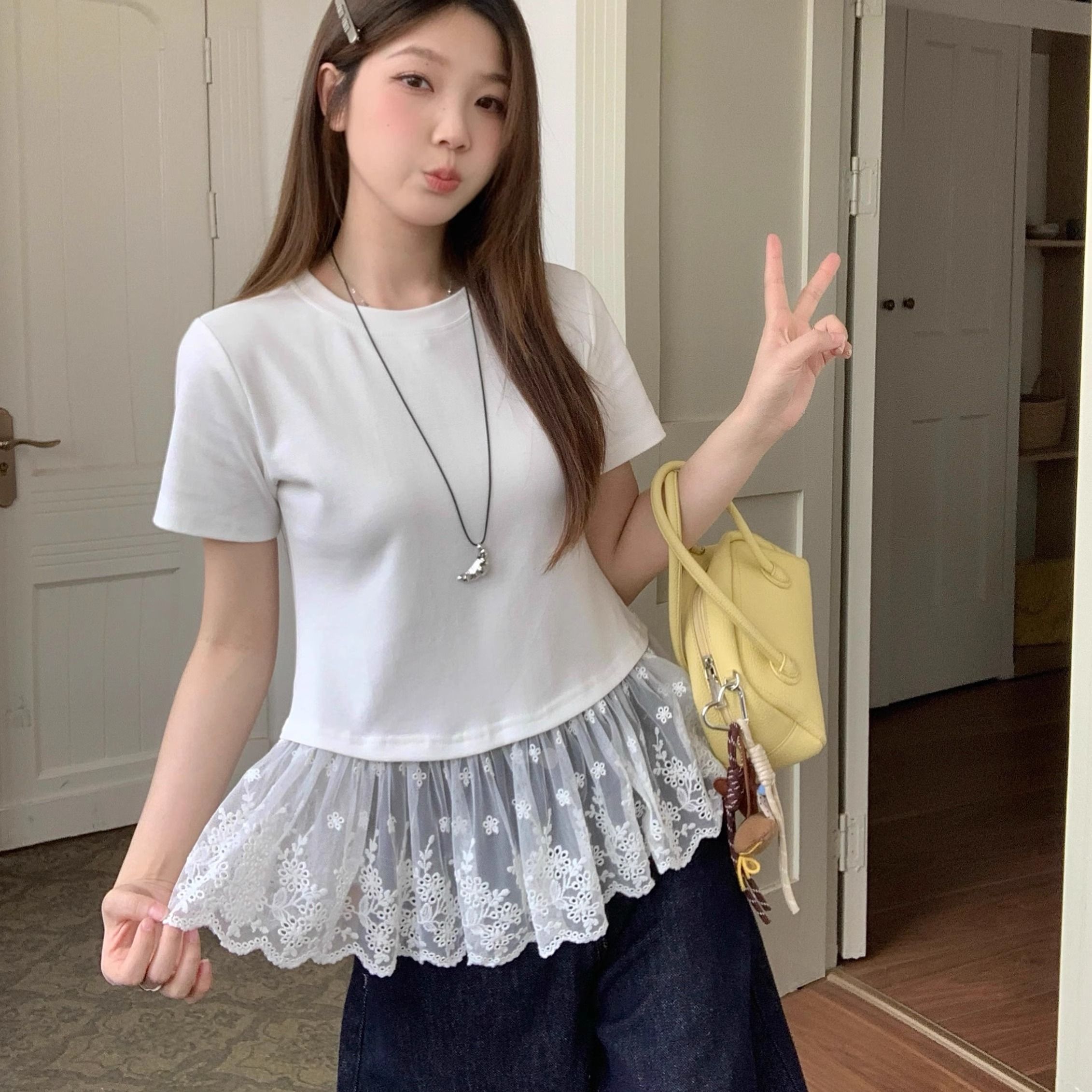 여름 드레스 빅 사이즈 발레 바람 레이스 조각 반팔 티셔츠 지방 mm 슬림해 보이는 인사이드 가져 가라. 만나는 맨위 m-4xl200 근