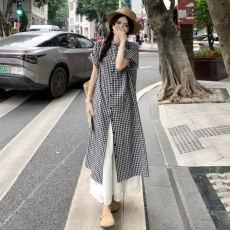 批发2026夏装大码女装日系慵懒风格子衬衫连衣裙简约上衣M 4XL200斤