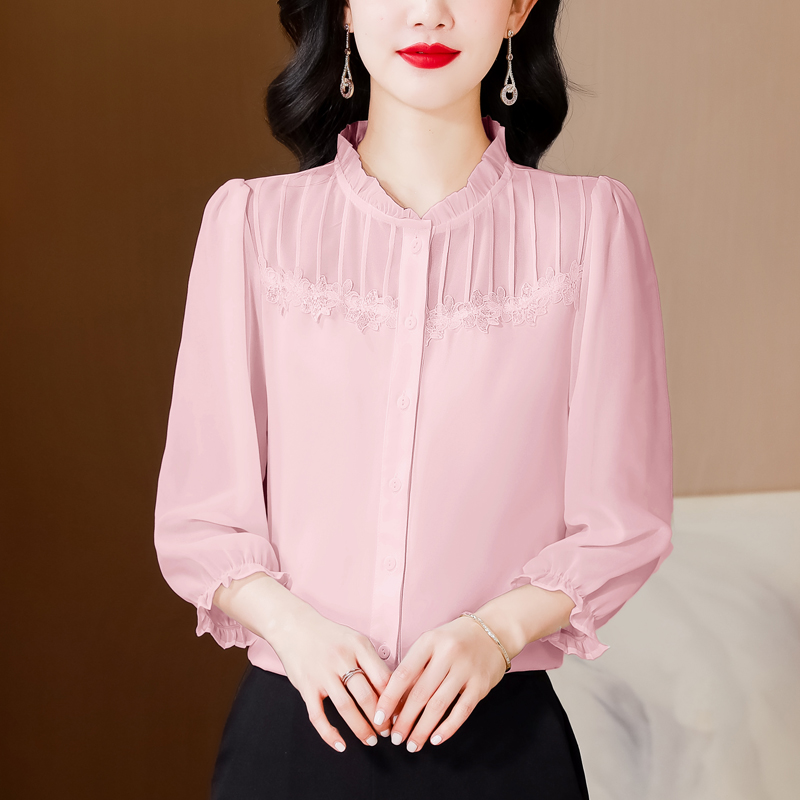 2026 봄 여름 새로운 무거운 작업 자수 단색 맨위 슬림해 보이는 외국 가스 패션 다용도 여성 셔츠
