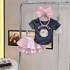 批发<b class='q'>女童</b><b class='q'>短袖套装</b>2026新款洋气儿童装夏季女孩卡通T恤上衣短裙两件套