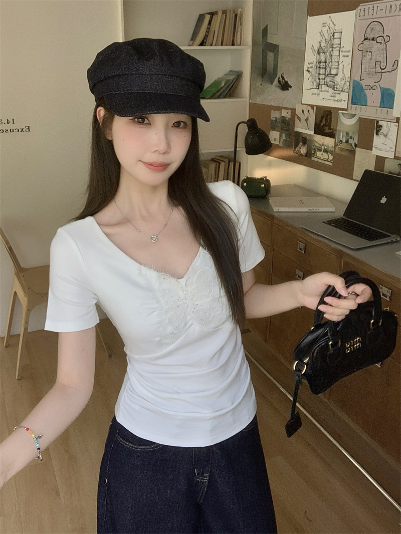 MY9192# 辣妹蝴蝶结短袖t恤女夏季别致修身短款一字肩独特白色甜美上衣潮女裝貨源服裝批發