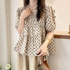 批发大码女装夏季纯棉减龄泡泡袖<b class='q'>波点</b>新款<b class='q'>衬衫</b>胖mm休闲设计感上衣小衫