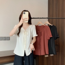 批发实拍2026夏季新款胖mm大码女设计感镂空系带<b class='q'>衬衫</b>法式通勤百搭上衣