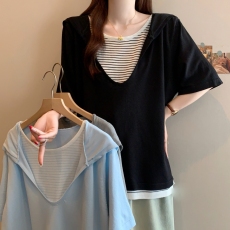 批发26年夏季新款时尚显瘦V领假两件短袖<b class='q'>针织衫</b>上衣连帽T恤<b class='q'>中长款</b>