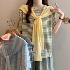 批发实拍26年夏新款大码针条纹织修身时尚两件套带披肩上衣长袖