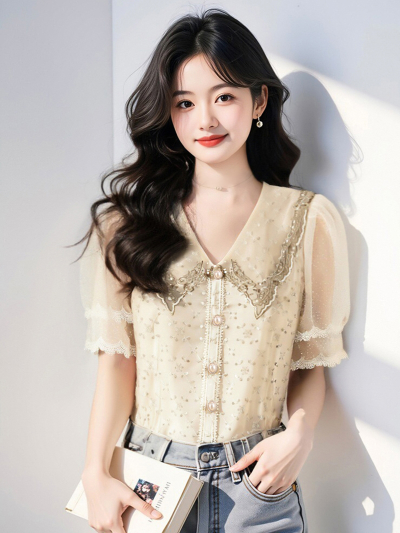 실사 여름 무거운 작업 자수 비즈 박기 홀로우 아웃 디자인 센스 작은 대중 Chic 레이스 반팔 맨위 여성 셔츠