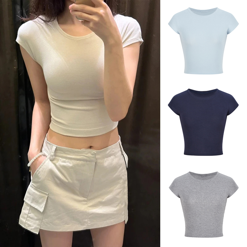FA24076# 人棉随心裁1*1罗纹圆领短款纯欲辣妹显瘦沙漏T恤女