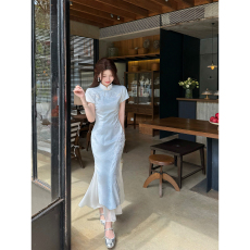 批发仙仙竹韵新中式晕染蓝提花收腰刺绣修身显瘦改良全包边旗袍裙