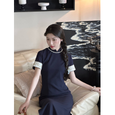 批发复古民国风蓝色旗袍高端改良新中式少女连衣裙2026新款日常可穿夏