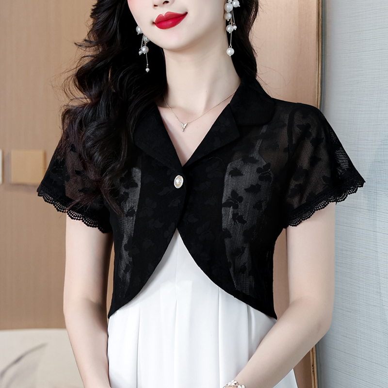 여름 여성 얇은 스타일 외출용 쇼트 스타일 정장 조끼 조끼 외부 가져 가라. 오픈 가디건 홀로우 아웃 어깨 재킷