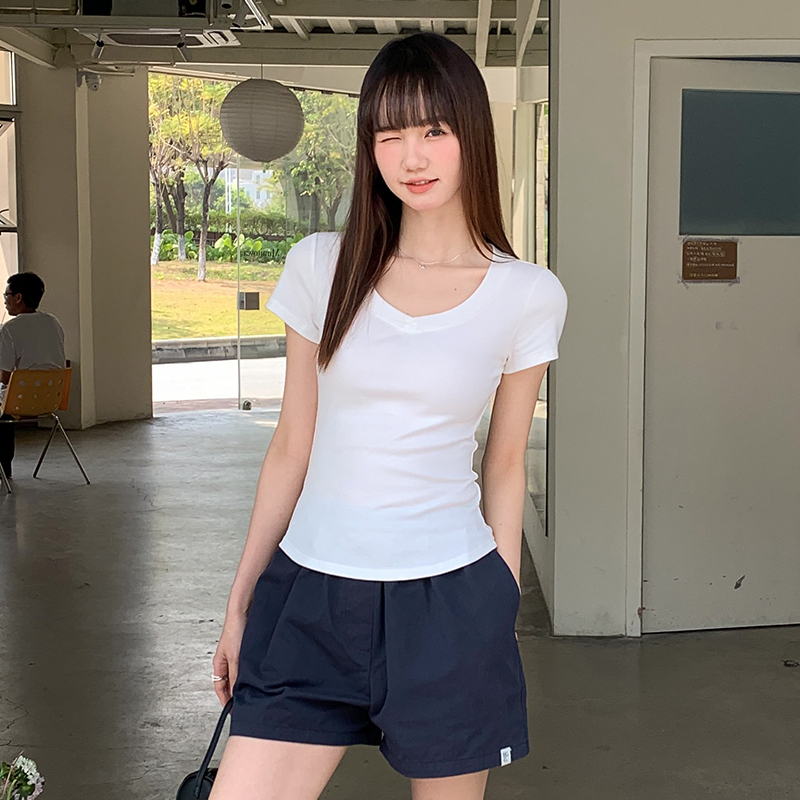 MY5693# 正肩短袖t恤女夏季新款基础百搭修身显瘦纯色上衣女女裝貨源服裝批發