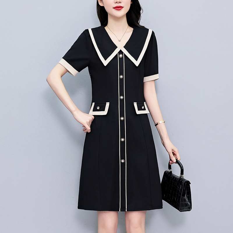 MY5176# 时尚洋气宽松显瘦撞色拼色大码女装胖mm短袖连衣裙夏季新款阔太太女裝貨源服裝批發