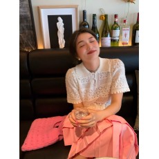 批发2026夏季新款钩花镂空polo领短袖针织衫<b class='q'>女</b>设计感小众正肩T恤上衣