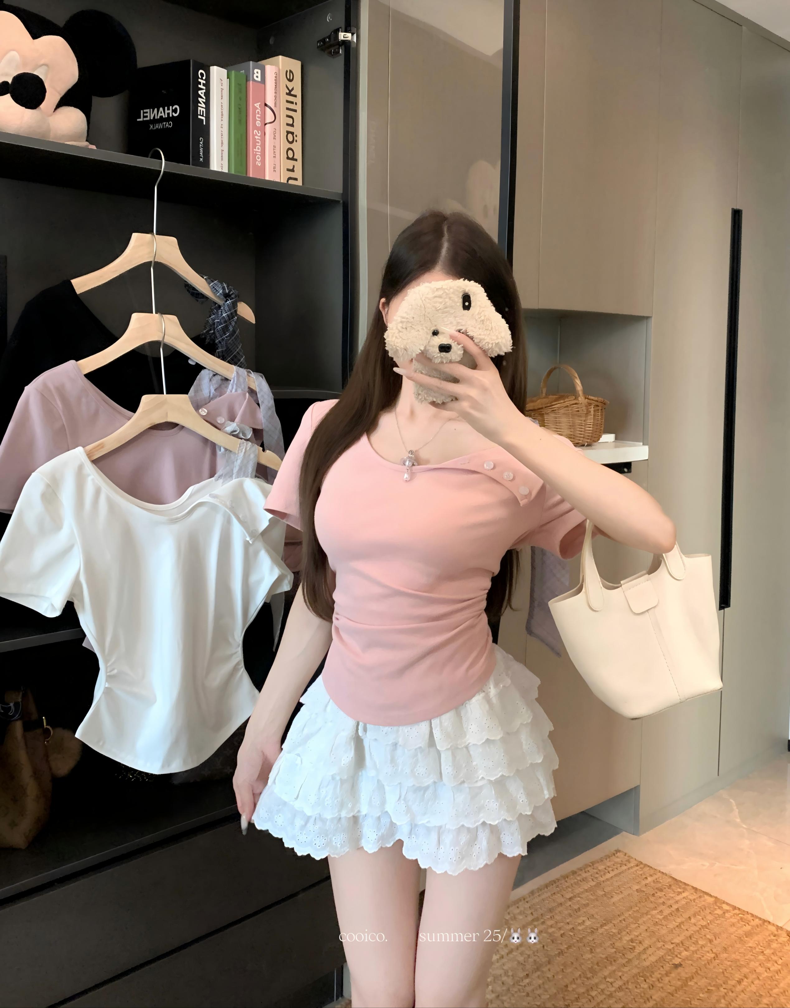 FA26885# 大码胖mm不规则绑带蝴蝶结短袖T恤夏季修身显瘦露肩上衣 服裝批發女裝批發服飾貨源