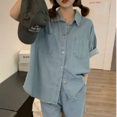 批发网红减龄时尚套装女夏季法式复古韩系宽松休闲短袖<b class='q'>牛仔</b>衬衫+短裤