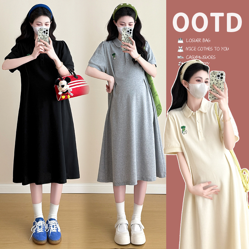 2026 실사 여름 새로운 슬림해 보이는 여성 자수 패키지 과립 버클 중간 길이 임산부 패션 폴로 칼라 드레스