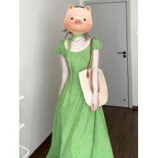 批发法式蕾丝拼接绿色<b class='q'>波点</b><b class='q'>连衣裙</b>女2026短袖气质穿搭小众绝美修身长裙