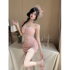 批发实拍镶钻生日party<b class='q'>小礼服</b>纯欲性感蕾丝挂脖连衣裙辣妹小众包臀裙