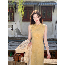 批发如愿新中式黄色无袖改良旗袍女夏提花绝美连衣裙日常可穿显白