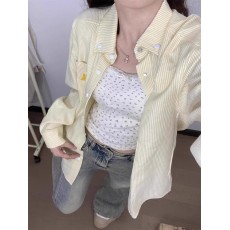 批发美式复古黄色条纹Polo领<b class='q'>衬衫</b>外套女春秋宽松休闲开衫慵懒chic上衣