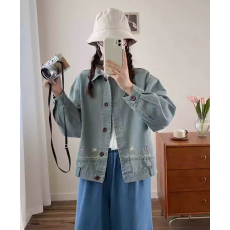 批发春装 刺绣牛仔外套女 新款宽松百搭<b class='q'>甜美</b>减龄文艺翻领上衣女